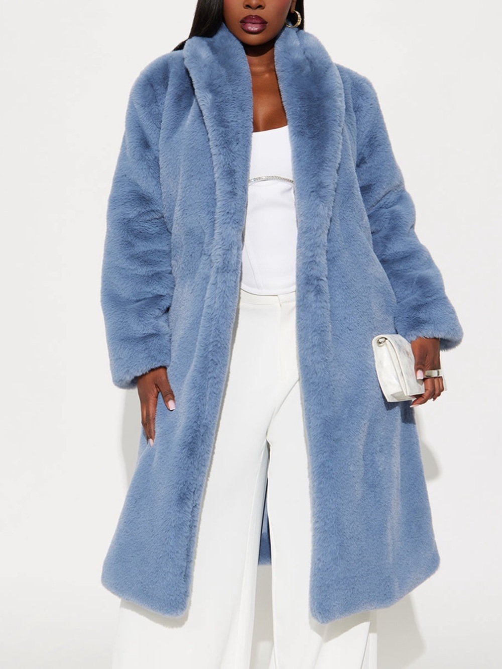 Fashion Nova Dusty Blue Faux Fur Long Pea Coat